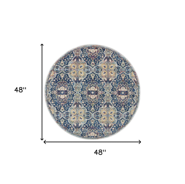 Homeroots 4' Blue And Yellow Floral Distressed Non Skid Round Rug  Polypropylene,Polyester 550540