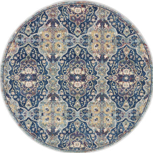 Homeroots 4' Blue And Yellow Floral Distressed Non Skid Round Rug  Polypropylene,Polyester 550540