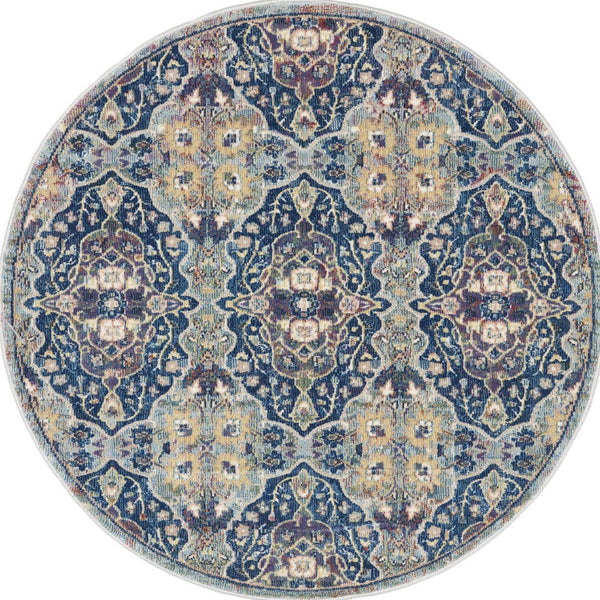 Homeroots 4' Blue And Yellow Floral Distressed Non Skid Round Rug  Polypropylene,Polyester 550540