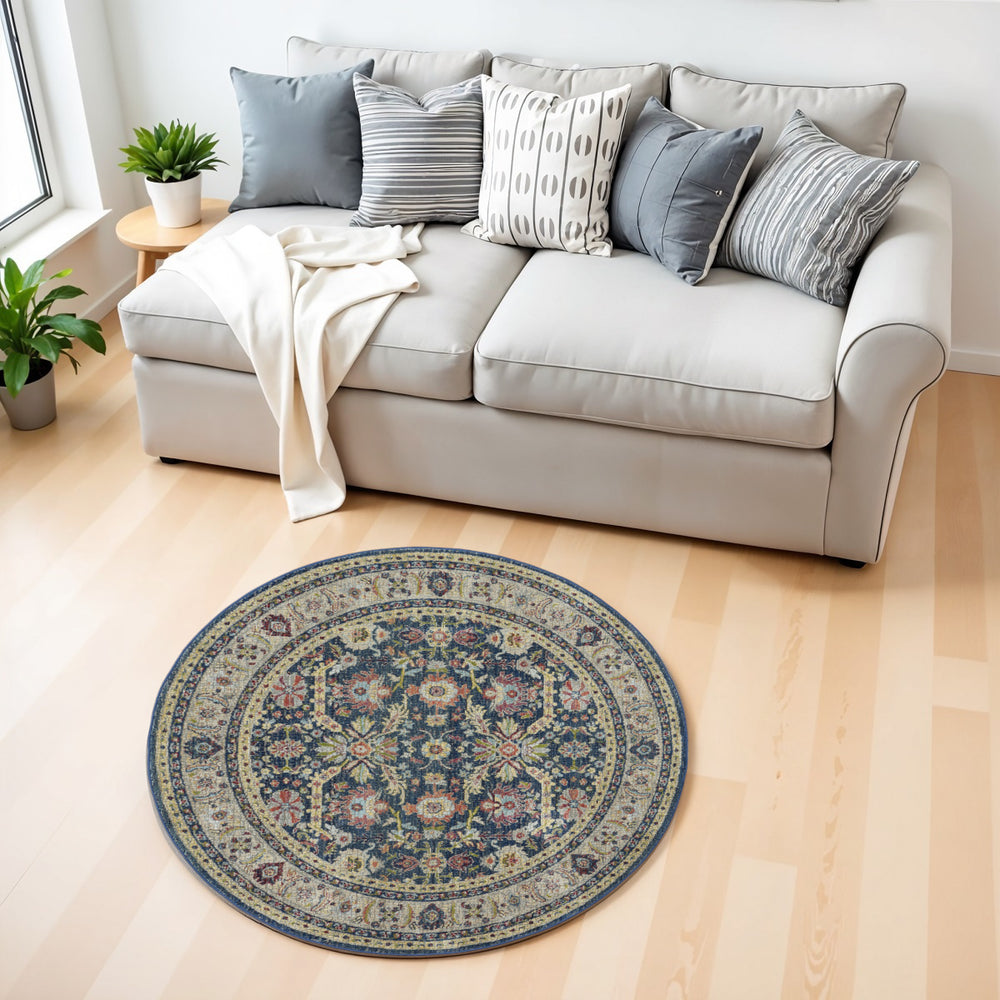 Homeroots 4' Beige And Blue Floral Medallion Distressed Non Skid Round Rug  Polypropylene,Polyester 550543