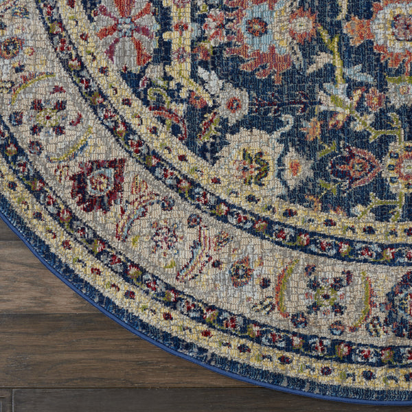 Homeroots 4' Beige And Blue Floral Medallion Distressed Non Skid Round Rug  Polypropylene,Polyester 550543