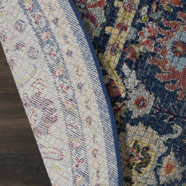 Homeroots 4' Beige And Blue Floral Medallion Distressed Non Skid Round Rug  Polypropylene,Polyester 550543
