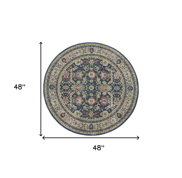 Homeroots 4' Beige And Blue Floral Medallion Distressed Non Skid Round Rug  Polypropylene,Polyester 550543