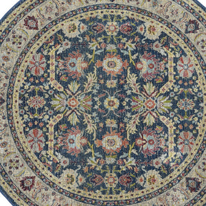 Homeroots 4' Beige And Blue Floral Medallion Distressed Non Skid Round Rug  Polypropylene,Polyester 550543