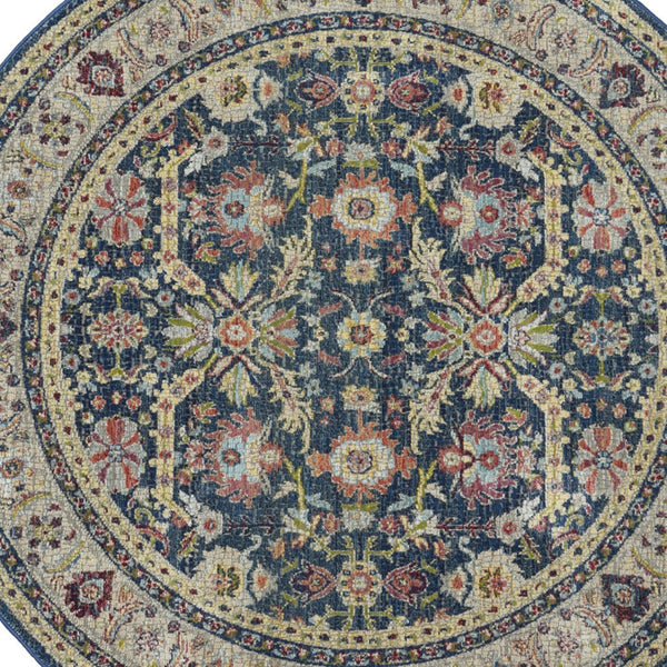 Homeroots 4' Beige And Blue Floral Medallion Distressed Non Skid Round Rug  Polypropylene,Polyester 550543