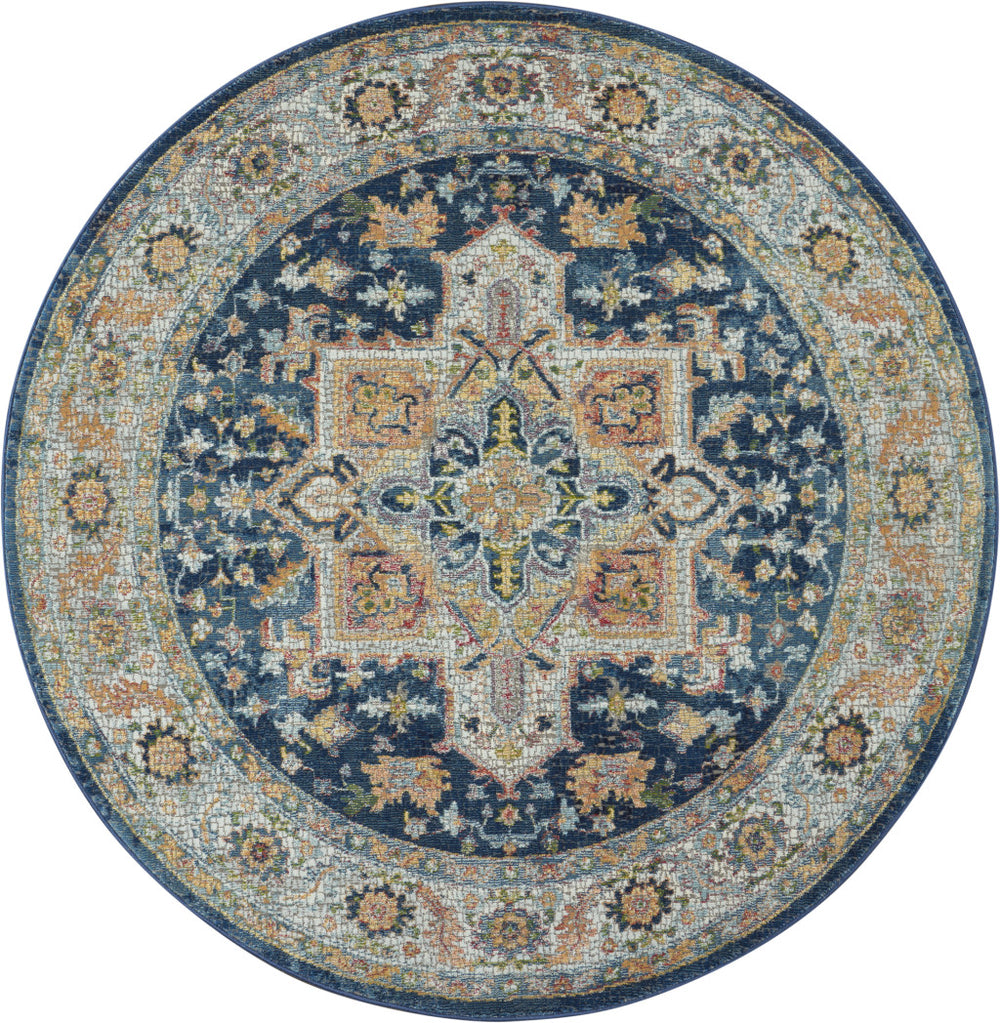 Homeroots 4' Ivory Blue And Yellow Floral Medallion Distressed Non Skid Round Rug  Polypropylene,Polyester 550544
