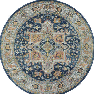 Homeroots 4' Ivory Blue And Yellow Floral Medallion Distressed Non Skid Round Rug  Polypropylene,Polyester 550544