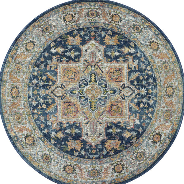 Homeroots 4' Ivory Blue And Yellow Floral Medallion Distressed Non Skid Round Rug  Polypropylene,Polyester 550544