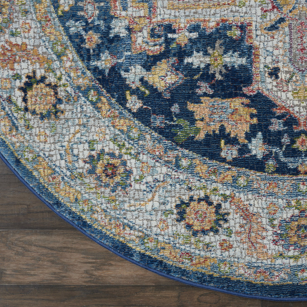 Homeroots 4' Ivory Blue And Yellow Floral Medallion Distressed Non Skid Round Rug  Polypropylene,Polyester 550544