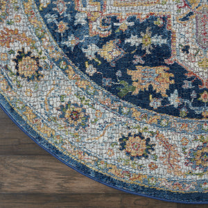 Homeroots 4' Ivory Blue And Yellow Floral Medallion Distressed Non Skid Round Rug  Polypropylene,Polyester 550544