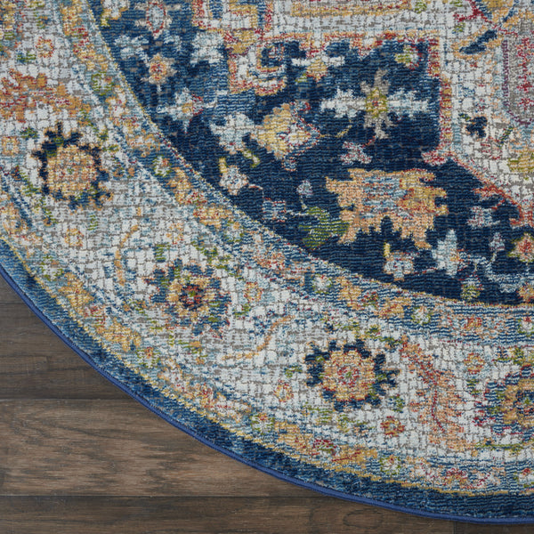 Homeroots 4' Ivory Blue And Yellow Floral Medallion Distressed Non Skid Round Rug  Polypropylene,Polyester 550544