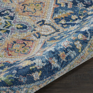 Homeroots 4' Ivory Blue And Yellow Floral Medallion Distressed Non Skid Round Rug  Polypropylene,Polyester 550544