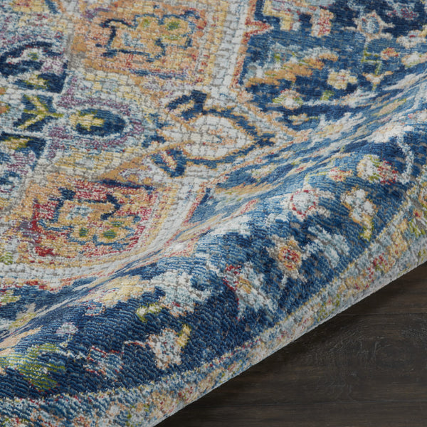 Homeroots 4' Ivory Blue And Yellow Floral Medallion Distressed Non Skid Round Rug  Polypropylene,Polyester 550544