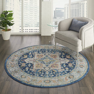 Homeroots 4' Ivory Blue And Yellow Floral Medallion Distressed Non Skid Round Rug  Polypropylene,Polyester 550544