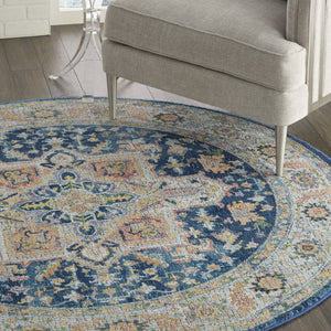 Homeroots 4' Ivory Blue And Yellow Floral Medallion Distressed Non Skid Round Rug  Polypropylene,Polyester 550544