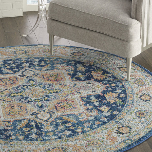 Homeroots 4' Ivory Blue And Yellow Floral Medallion Distressed Non Skid Round Rug  Polypropylene,Polyester 550544