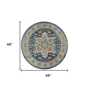 Homeroots 4' Ivory Blue And Yellow Floral Medallion Distressed Non Skid Round Rug  Polypropylene,Polyester 550544
