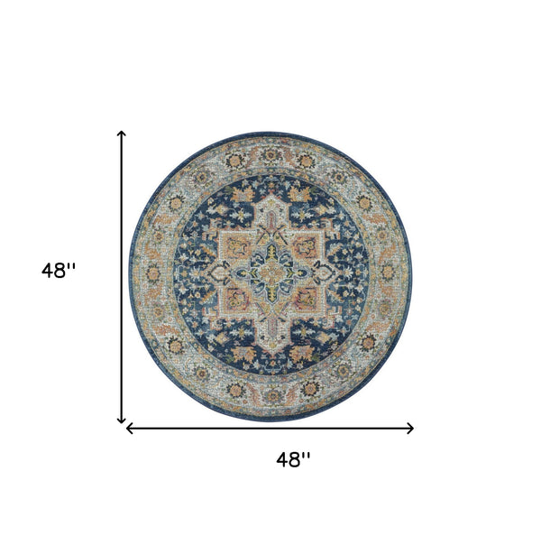 Homeroots 4' Ivory Blue And Yellow Floral Medallion Distressed Non Skid Round Rug  Polypropylene,Polyester 550544