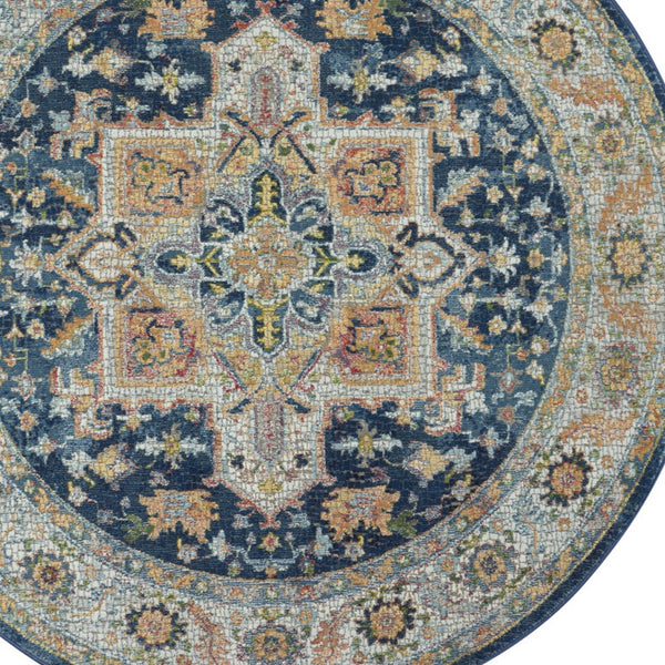Homeroots 4' Ivory Blue And Yellow Floral Medallion Distressed Non Skid Round Rug  Polypropylene,Polyester 550544