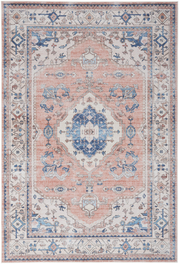 Homeroots 8' X 10' Coral And Beige Floral Medallion Distressed Non Skid Area Rug  Polyester 550545