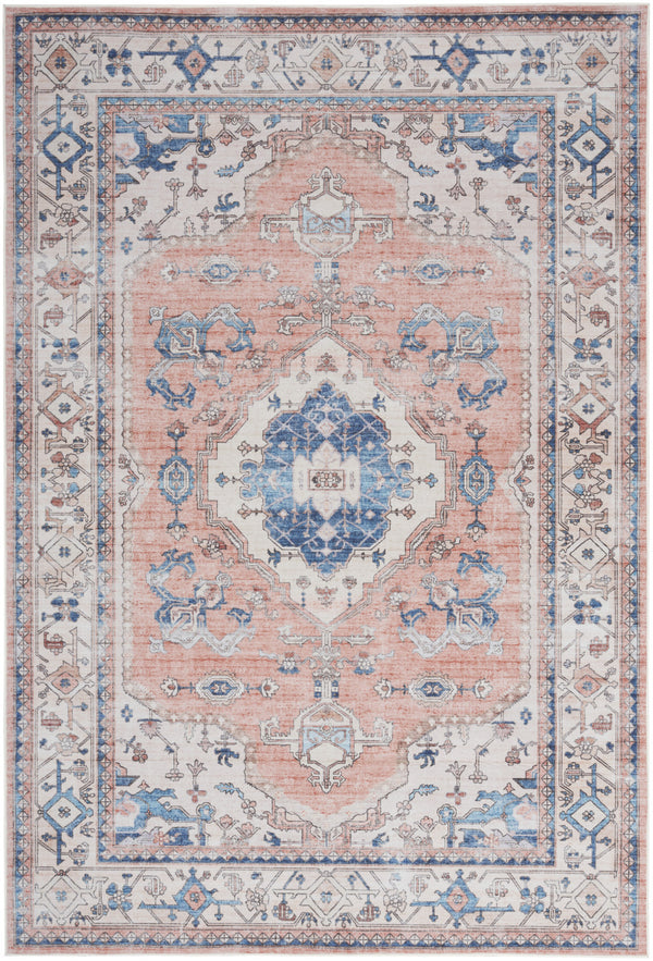 Homeroots 8' X 10' Coral And Beige Floral Medallion Distressed Non Skid Area Rug  Polyester 550545