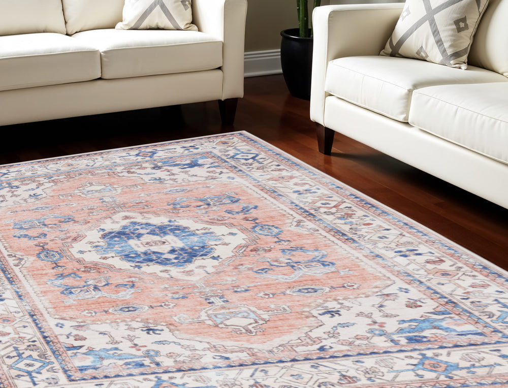 Homeroots 8' X 10' Coral And Beige Floral Medallion Distressed Non Skid Area Rug  Polyester 550545