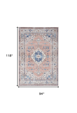 Homeroots 8' X 10' Coral And Beige Floral Medallion Distressed Non Skid Area Rug  Polyester 550545