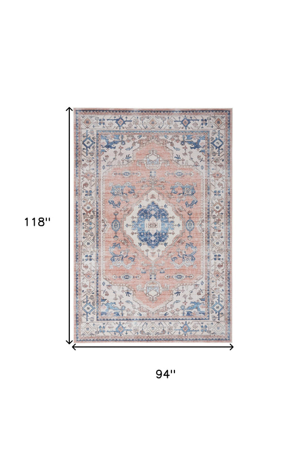 Homeroots 8' X 10' Coral And Beige Floral Medallion Distressed Non Skid Area Rug  Polyester 550545