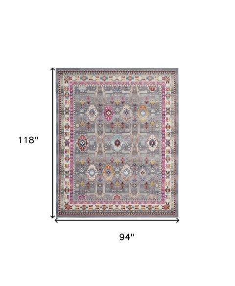 Homeroots 8' Non Skid Ivory Pink & Gray Floral Distressed Area Rug – Durable, Stain Resistant, Boho Style Statement  Polypropylene 550558