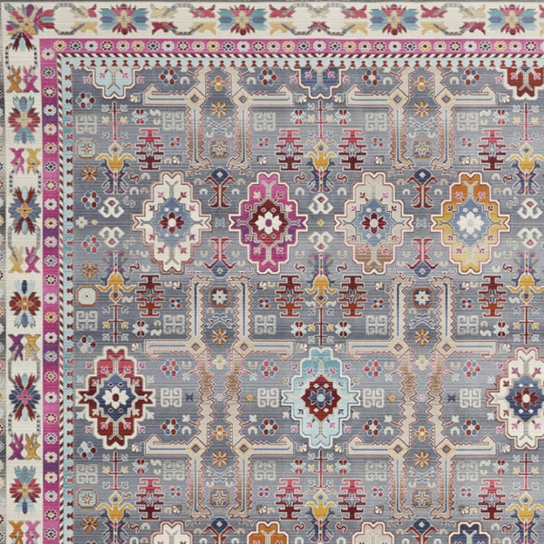 Homeroots 8' Non Skid Ivory Pink & Gray Floral Distressed Area Rug – Durable, Stain Resistant, Boho Style Statement  Polypropylene 550558