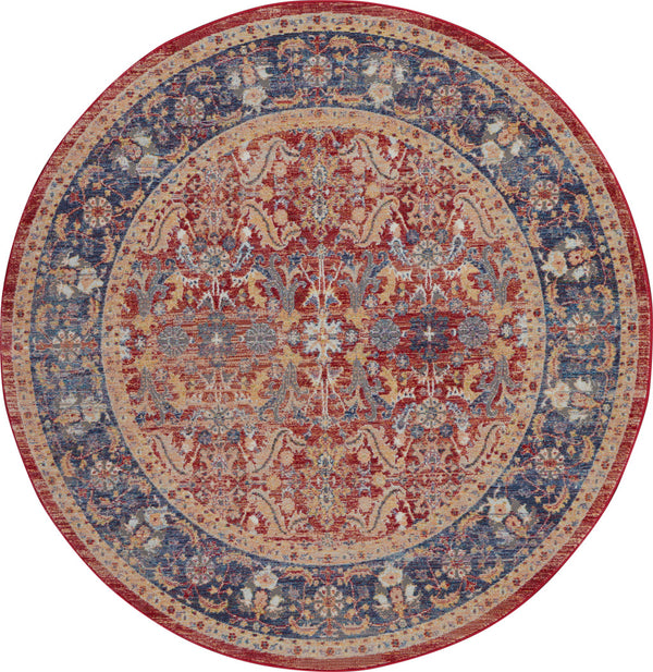 Homeroots 4' Blue And Red Floral Distressed Non Skid Round Rug  Polypropylene,Polyester 550563