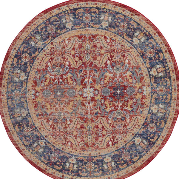 Homeroots 4' Blue And Red Floral Distressed Non Skid Round Rug  Polypropylene,Polyester 550563