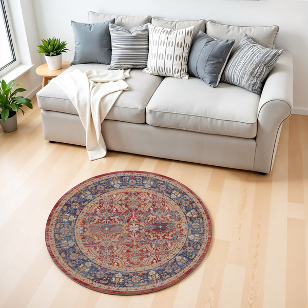 Homeroots 4' Blue And Red Floral Distressed Non Skid Round Rug  Polypropylene,Polyester 550563