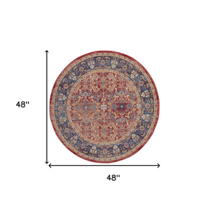 Homeroots 4' Blue And Red Floral Distressed Non Skid Round Rug  Polypropylene,Polyester 550563