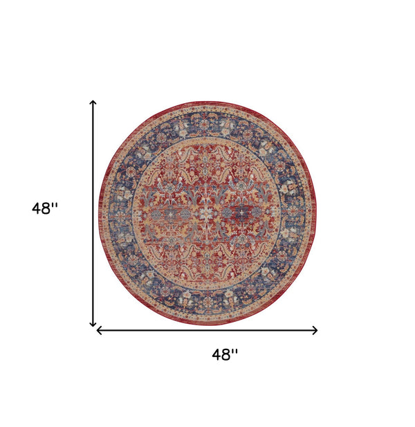 Homeroots 4' Blue And Red Floral Distressed Non Skid Round Rug  Polypropylene,Polyester 550563