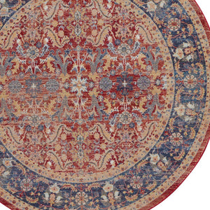 Homeroots 4' Blue And Red Floral Distressed Non Skid Round Rug  Polypropylene,Polyester 550563
