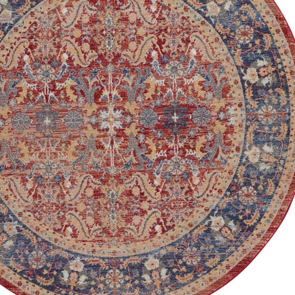 Homeroots 4' Blue And Red Floral Distressed Non Skid Round Rug  Polypropylene,Polyester 550563