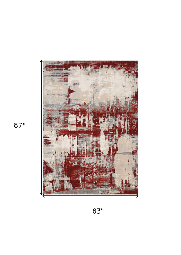 Homeroots 5' X 7' Ivory Red And Gray Abstract Non Skid Area Rug  Polyester 550569