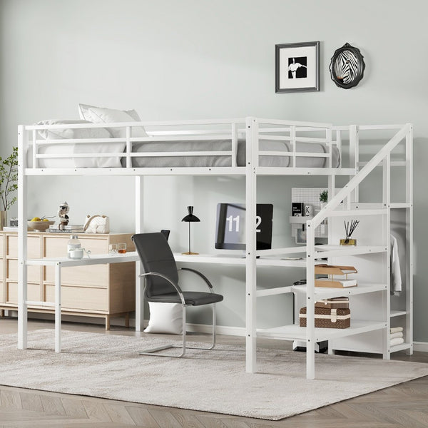 English Elm Queen Size Loft Bed With L-Shaped Desk, Usb Port & Led Lights - Stylish Space-Saving Solution For All W1580S00124-GIGA