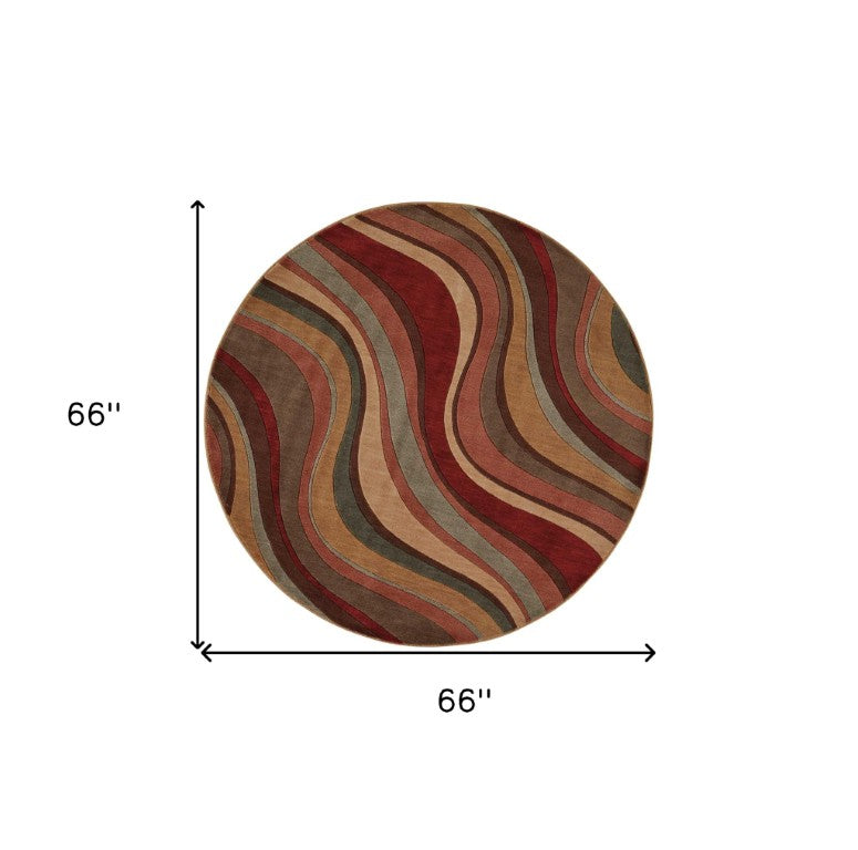 6 Foot Round Area Rug Ivory Tan Red Stripe Non Slip Backing for Living Rooms