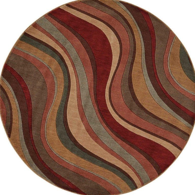 6 Foot Round Area Rug Ivory Tan Red Stripe Non Slip Backing for Living Rooms