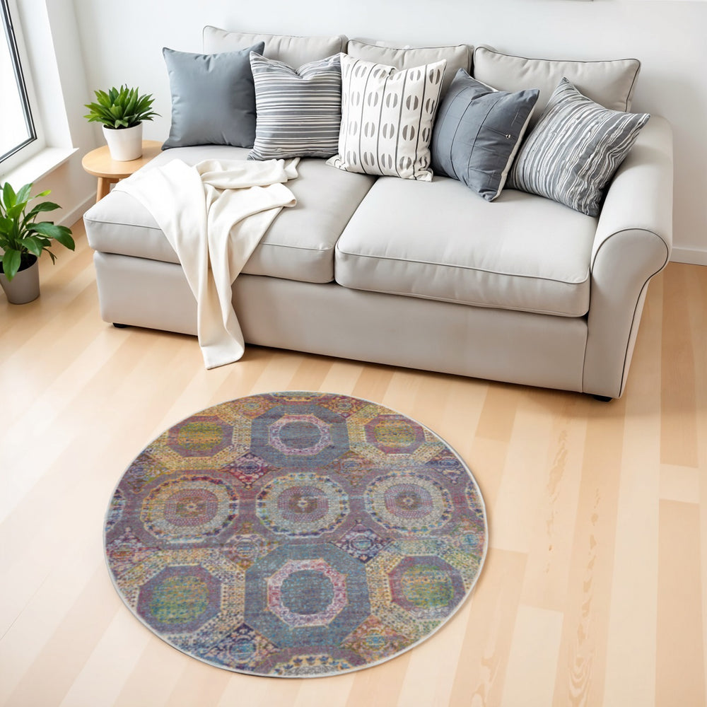 Homeroots 4' Ivory Blue And Orange Geometric Distressed Non Skid Round Rug  Polypropylene,Polyester 550578