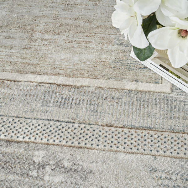 HomeRoots 5' Geometric Ivory Blue Gray Area Rug - Stylish, Non-Skid, Stain-Resistant Perfect for High-Traffic Areas 8' X 10' 550581