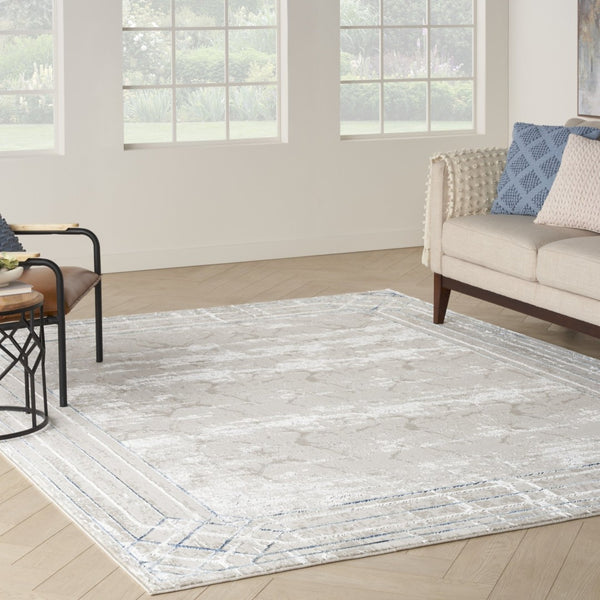 HomeRoots 5' Modern Ivory Blue Gray Geometric Non-Skid Area Rug - Stain-Resistant, Durable for Everyday Living 8' X 10' 550583