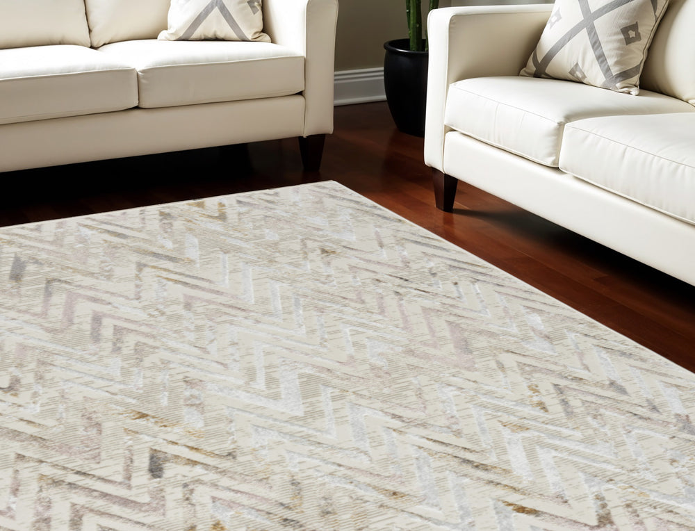 Homeroots 8' X 10' Ivory Brown And Gray Chevron Distressed Non Skid Area Rug  Polyester 550584
