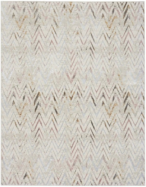 HomeRoots 5' Distressed Chevron Area Rug in Beige, Blue, and Ivory - Soft, Durable, Non-Skid Design for Modern Homes 8' X 10' 550584