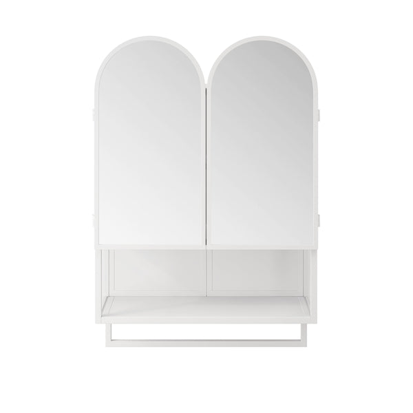 English Elm 23.62" Modern Double-Arched Mirror Cabinet with Tempered Glass, Metal Frame, Shelf & Towel Rack Storage White W757P314591