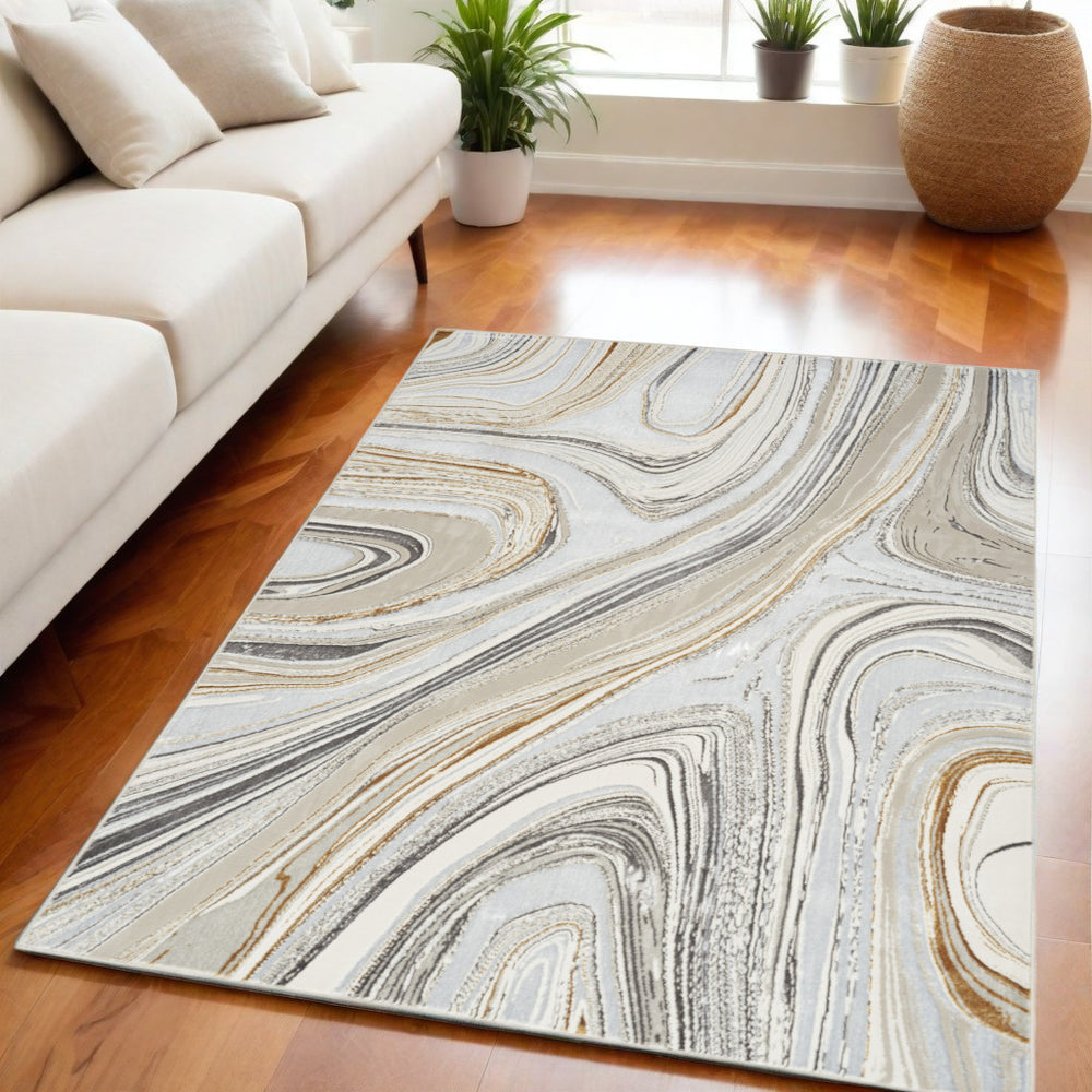 Homeroots 8' X 10' Ivory Gray And Brown Abstract Non Skid Area Rug  Polyester 550599