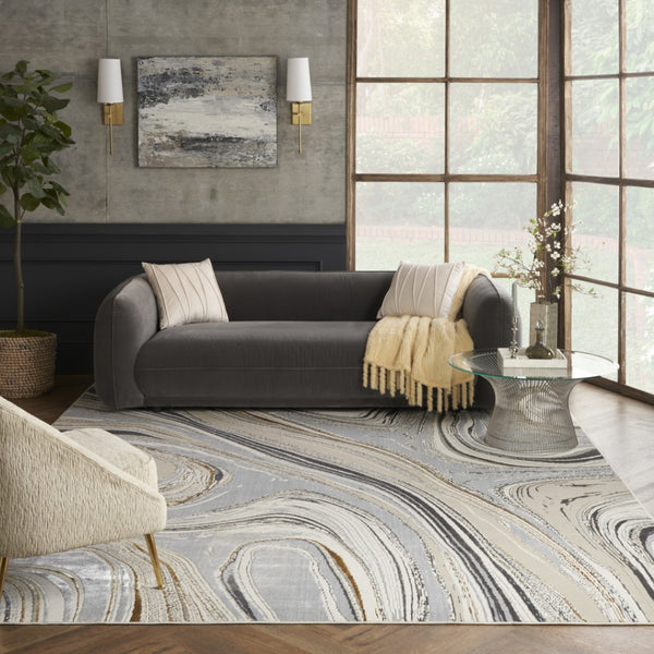 HomeRoots 8' Abstract Area Rug in Ivory, Gray & Brown - Durable Non-Skid Design Perfect for High-Traffic Spaces 8' X 10' 550599