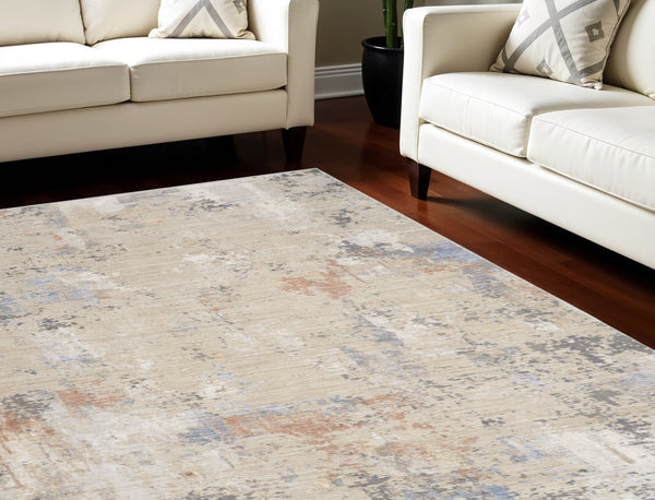 Homeroots 8' X 10' Beige Teal Blue And Gray Abstract Area Rug With Fringe  Polyester 550610